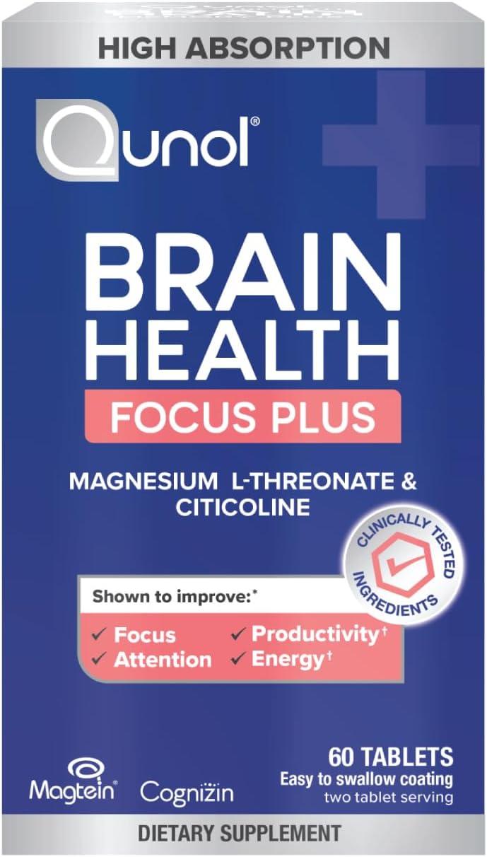 Qunol Brain Health Focus Plus, Magnesium L-Threonate & Citicoline, Clinically Tested Ingredients to Improve Focus, Attention and Productivity, 60 Count Pack of 1