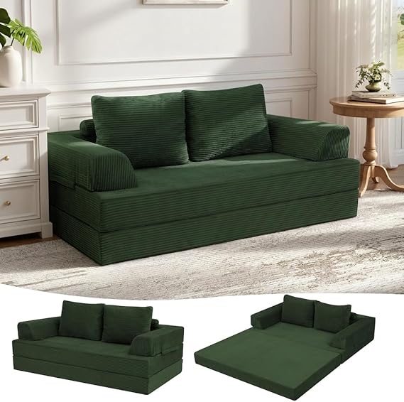MeMoreCool Sofa Bed Corduroy Folding Floor Sofa with Cushion Green