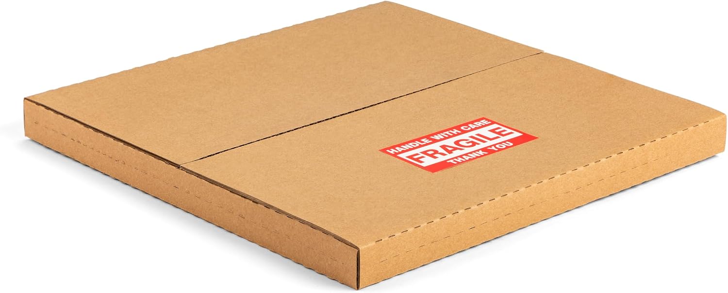 12 Vinyl Record Shipping Boxes, 12.8L x 12.8W x 1D, Easy-Fold, Multi-Depth LP Mailers with Fragile Stickers, Brown, 15 Pack