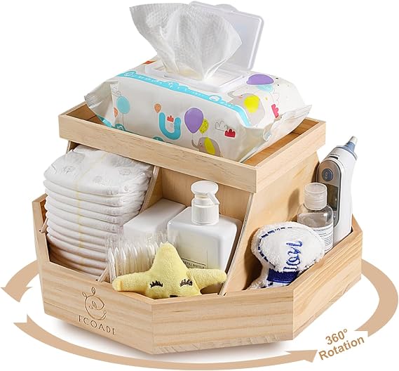 Wooden Diaper Caddy Organizer - 360 Degrees Rotating Caddy with Removable Dividers, Nursery Diaper Organizer