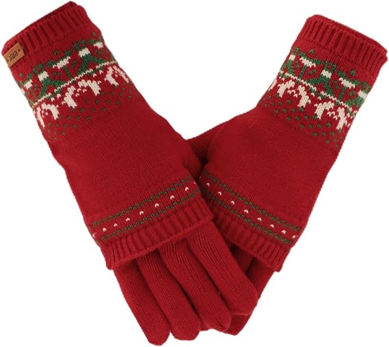 Women's Winter Knit Gloves, Fair Isle Pattern, Dual Layer Design, Touch Screen Compatible, Thermal Warm Stretch