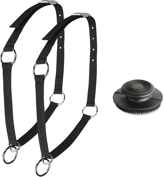 LBH MARKET Mustang Horse Collar 2-Pack (Black), 1" Wide Nylon Neck Strap for High Line Picket Line Tying and Grooming in Crossties for Horses, Includes Rubber Horse Face Brush