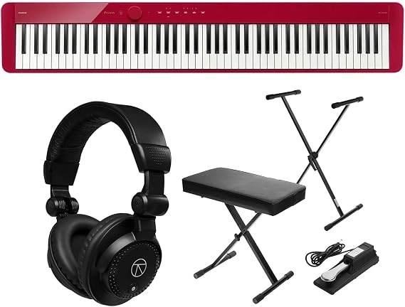 Casio PX-S1100 Privia 88-Key Slim Digital Stage Piano w/Bluetooth Adapter, Red, Bundle With H&A Keyboard Stand/Bench Pack with Sustain Pedal, Turnstile Audio TAPH100 Studio Monitor Headphones