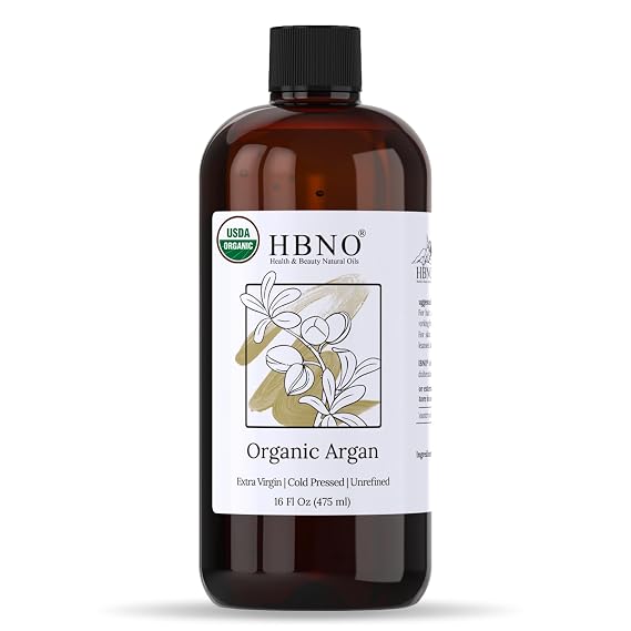 HBNO Organic Argan Oil - Huge 16 oz (475 ml) Value Size - Natural Argan Oils, Cold Pressed - Perfect Carrier Oil for Massage, Aromatherapy, DIY, Soap Making, Face, Body, Lips, Hair, Nails