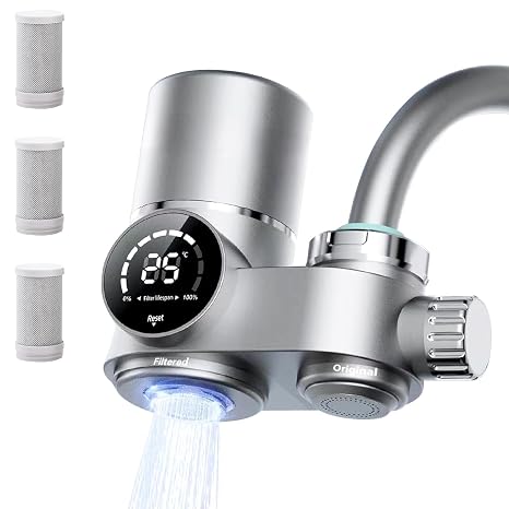 Water Filter Tap with 3 Filter Elements Water Filter System Drinking Water with UV Light and LED Display Removes Lead Chlorine and Heavy Metals