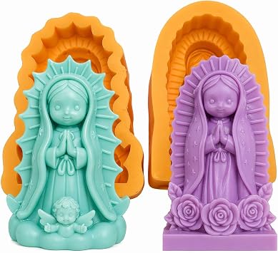 Virgin Mary Candle Mold 2 Pieces Different Desings, Candle Making molds, Premium Silicone Easy Release Flexible Durable, virgencita Candle Mold Virgen de Guadalupe soap Mold.