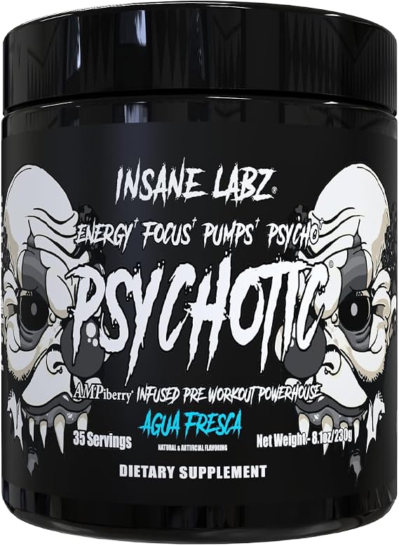 Insane Labz Psychotic Black Edition Mid Stimulant Pre Workout Powder, Energy Focus Pumps, Loaded with Creatine Beta Alanine Taurine Fueled by AMPiberry, 35 Servings (Agua Fresca)