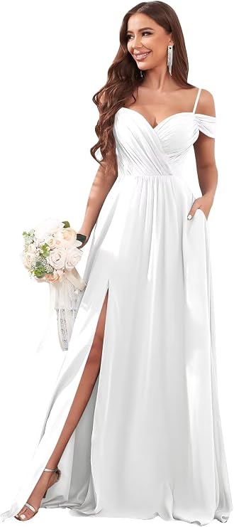 Sukleet Women's Off Shoulder Bridesmaid Dresses Long Slit Chiffon Pleated Evening Formal Dress with Pockets