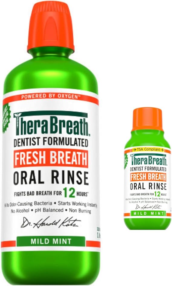 TheraBreath Fresh Breath Mouthwash, Mild Mint, Alcohol-Free, 1 Liter (33.8 oz) + Travel Size, 3 fl oz
