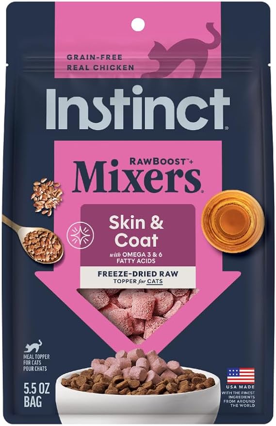 Instinct Freeze Dried Mixers, Cat Food Toppers, Skin & Coat, 5.5 oz | Freeze-dried raw meal topper or treat, functional whole foods & Omega fatty acids to support healthy skin & a shiny coat