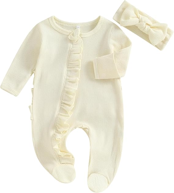 ZAXARRA Newborn Baby Girl Coming Home Outfit Solid Color Ruffle Long Sleeve Footies Romper Infant Fall Bow Headband Clothes