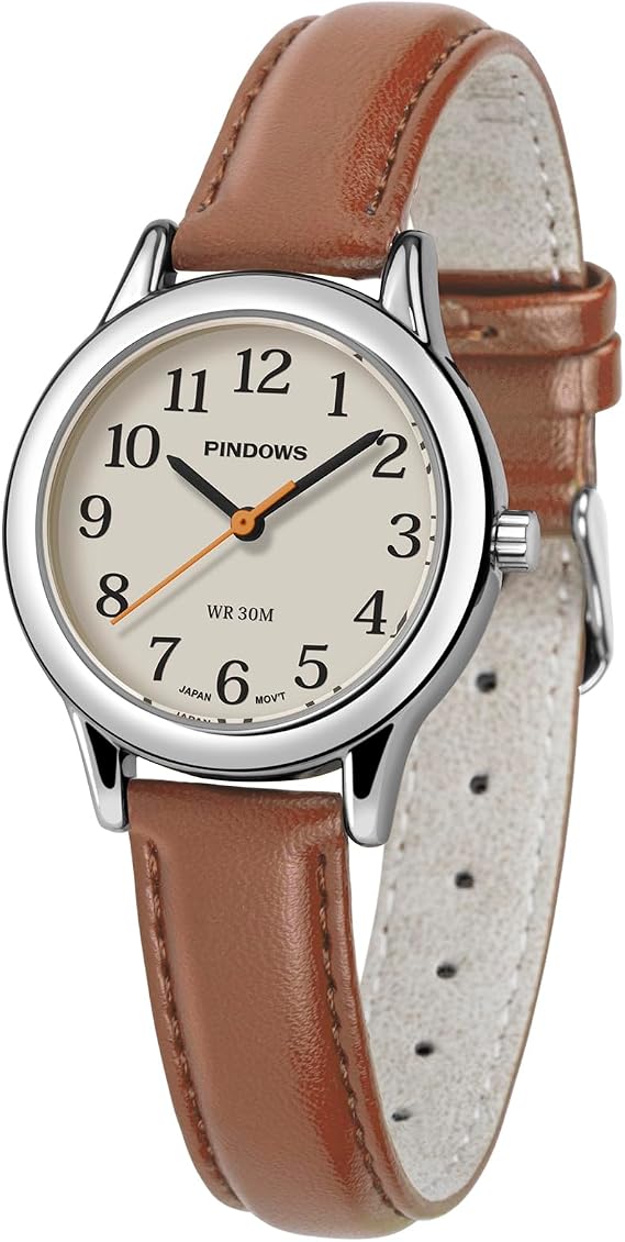 PINDOWS Minimalist Watches for Women Gold Tone Case with Black Leather Strap Fashion Elegant Quartz Analog Watch for Daily Use