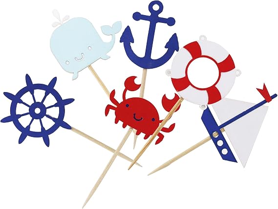 Confetti! 24 Pieces Nautical Cupcake Toppers for Ocean Sailing Theme Party Birthday Party Baby Shower Wedding Party Decorations (Sailboat, Whale, Crab, Anchor, Life Ring, Helm)