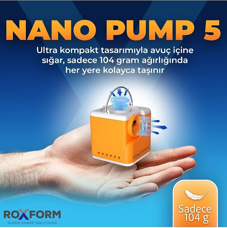Nano Pump 5 Taşınabilir Mini Hava Pompası, 2400 mAh Batarya, Type-C Şarj, 3 Kademeli Aydınlatma, 6 Aparatlı