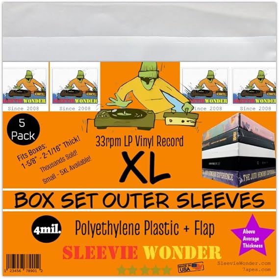 Sleevie Wonder XL Box Set Sleeves (5) + Flap 4mil Thick Strong USA Polyethylene Plastic for 33rpm LP Vinyl Record Album Boxset (+1 Free Dj Sticker)