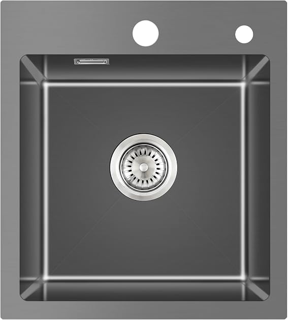 Topmount Stainless Steel Kitchen Sink 45 X 50 X 19 cm - PVD Coating NanoTek 3mm, Single Bowl Drop in Small Kitchen Sink with Waste and Overflow, Nano Black
