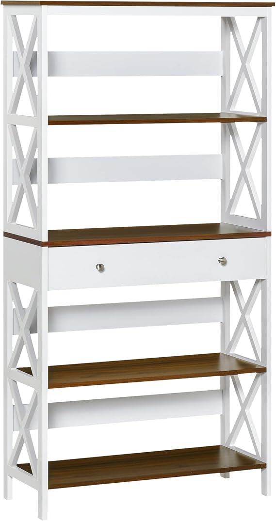 HOMCOM 4-Tier Shelving Bookcase Storage Cupboard Pull Out Drawer White | Wooden Frame, X Bar Stability