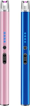 2 Pack Electric Candle Lighter USB Rechargeable Lighters Windproof Plasma Arc Lighters Flameless Type C Long Lighter with Safety Switch for BBQ Camping Birthday Fireworks(Pink+Blue)