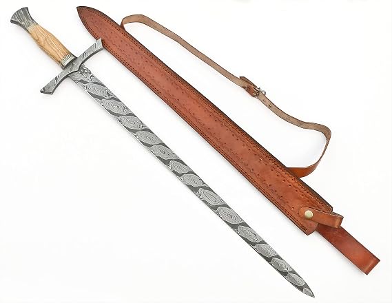 Handmade Damascus Sword Real Short Medieval Vking Sword with Leather Sheath by HAWK KNIVES
