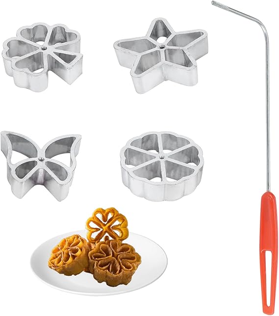 Set of 4 Rosette Waffle Irons Set Rosette Iron Diving Mould Traditional Dough Mould Bunuelos Set with Handle for Fried Waffles DIY Cookies Pastries Biscuits