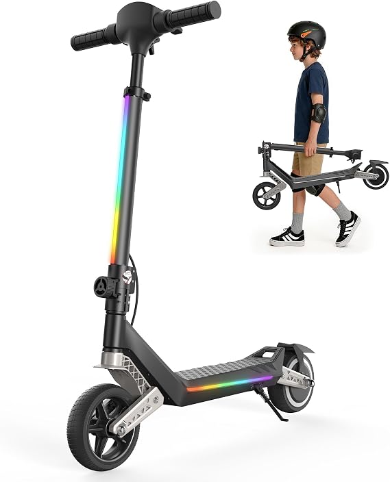 Electric Scooter for Kids Ages 6-12, Shock Absorption, 3/6/10 MPH, 3 Heights, 150W Motor, 6.5" Solid Tire, Foldable Lightweight Kids Electric Scooter with LED Display, Bluetooth & RGB Lights