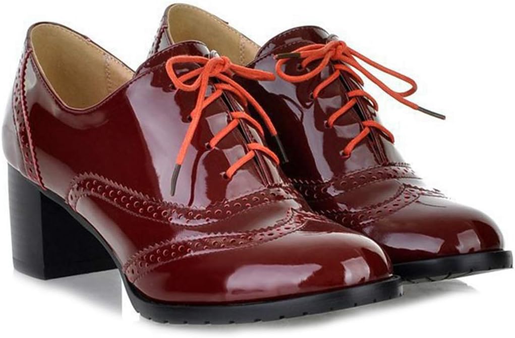 VOKLIN Womens Vintage Lace Up Pump Oxfords Brogues Wingtip Patent Leather Chunky Block Mid Heel Dress Shoes