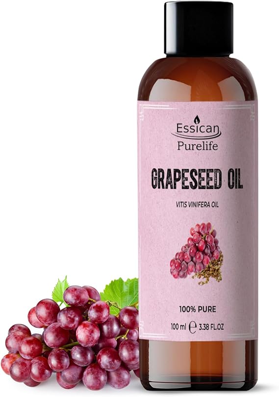 Essican Purelife 100ml Pure Grape Seed Oil for Hair, Skin & Beard, Natural Grapeseed Oil Massage Aromatherapy Body Massage Oils - Multi Use & Nourishing Scalp Moisturiser Oils with Vitamin E
