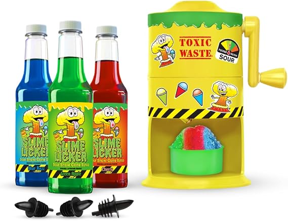 Hawaiian Shaved Ice TOXIC WASTE Snow Cone Machine Bundle Manual Ice Shaver + 3 Sour Syrups (Cherry, Blue Razz, Green Apple) + 3 Precision Pour Spouts No Electricity Fun, Flavor, Control!