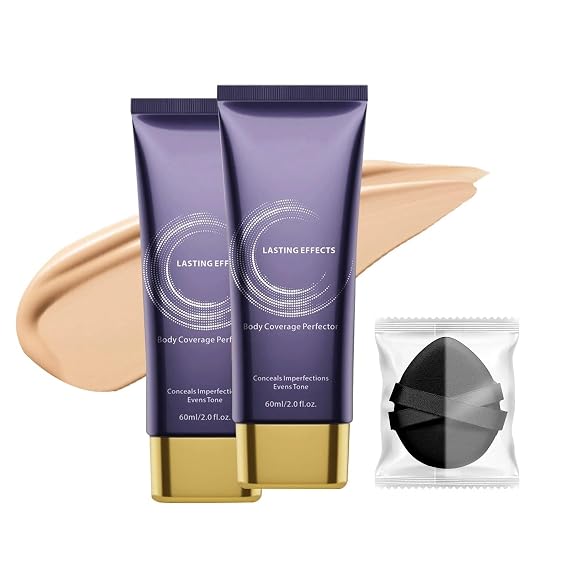 Body Makeup, Body Coverage Perfector & Complexion Perfector with Powder puff, Sweat-Resistant Transfer-Resistant Leg & Body Foundation, Tattoo Cover Up, Natural Radiant Finish,60ml-(2pcs)