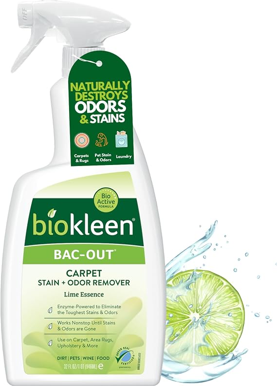 Biokleen Bac-Out Enzyme Cleaner Spray and Stain & Odor Remover for Pet Stains, Laundry, Diapers, Wine, Carpets, More, Eco-Friendly, Non-Toxic, Lime Scent, 32 Ounces