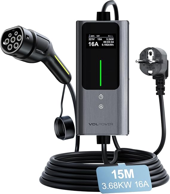 Type 2 Charging Cable Schuko 3.6 KW Charging Cable Car 6/8/10/13/16A 15M EV Charger Type 2 with LCD Digital Display (3.68KW-15M)