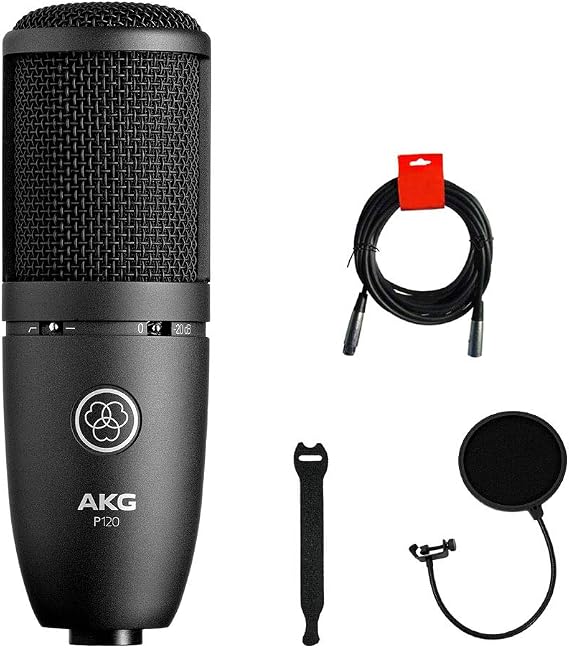 AKG P120 Cardioid Condenser Microphone (Black) with XLR-XLR Cable, Pop Filter & 10-Pack Straps Bundle