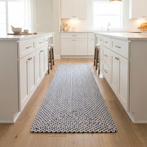 Super Area Rugs 2'x6' Braided Rug Runner - Farmhouse Woven Rug for Kitchen - Tri-Color Cotton Buffalo Check Blue & White Kitchen Rug