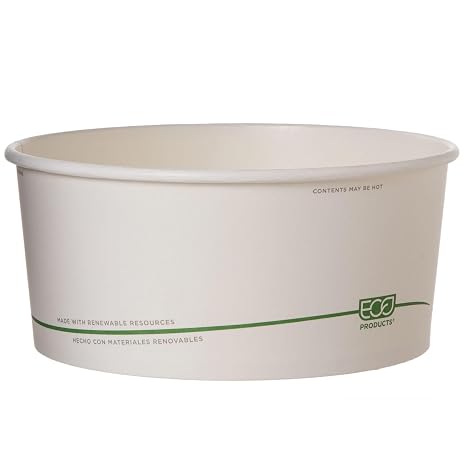 ECO PRODUCTS Compostable 48oz GreenStripe PLA Lined Paper Squat Food Bowls, Pack of 50, Disposable White Round, Renewable Plant-Based, Lids Available, ASTM Compliant, BPI-Certified