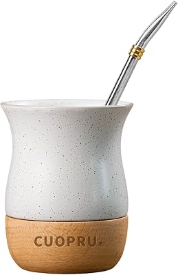 8 OZ Ceramic Yerba Mate Cup with Original Wood Base, Includes Mate Gourd, Bombilla Straw and Cleaning Brush - Perfect for Traditional Yerba Mate and Modern Style Drinking Mug White