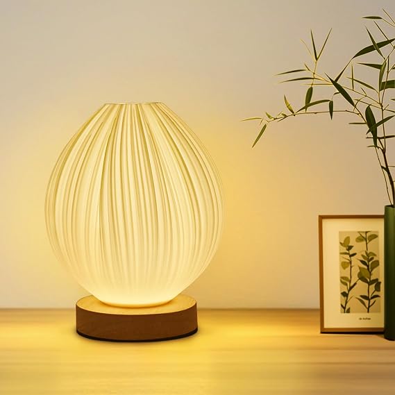 Table Lamp Bedside Small Side Table Lamp with Woodbase Peach 3D Printing Button Control Table USB Lamp Dimmable Nightstand Lamp with PLA Lampshade for Living Room Bedroom Decor