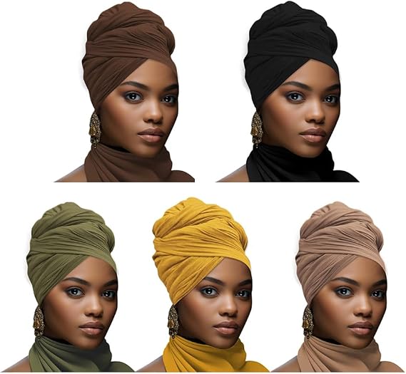 5PS Stretch African Head Wraps for Five-color set Women - Long Jersey Turban Headwraps, Head Scarf, Headbands (Black, brown, brown, green, yellow)