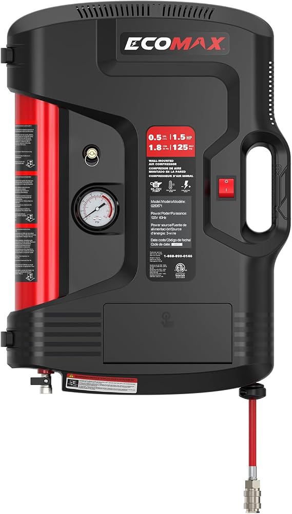 ECOMAX Wall Mount Air Compressor, Tire Inflator Portable Air Compressor, Oil-Free with Retractable 30ft Air Hose, Mini Tank 125 PSI MAX Pressure & 1.5 HP for Garage and Home