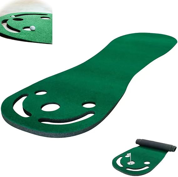 This golf putting practice mat is suitable for both indoor and outdoor practice. It features a simulated grass design, is self-assembly, and is ideal for practicing putting and chipping.