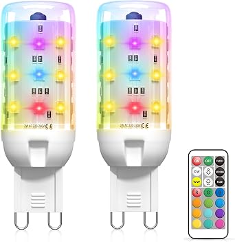 2-Pack 2W G9 LED Colour Changing Light Bulbs, Dimmable RGB & Warm White, 13 Colours, Remote Control, Colour Changing Bulb for Home, Mood Lighting, Party Decor [Energy Class A]