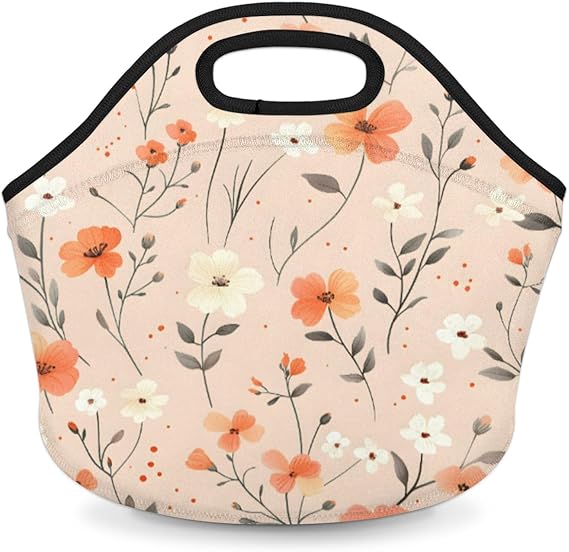 Neoprene Lunch Tote Vintage Wildflower Insulated Thermal Reusable Lunch Bag Washable Neoprene Lunch Bags for Women Men Lunch Totes with Zipper Waterproof