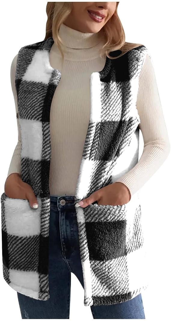 GOHRSHA Womens Fuzzy Fleece Plaid Vest Sleeveless Open Front Sherpa Jacket Long Flannel Shacket Lightweight Cozy Outerwear