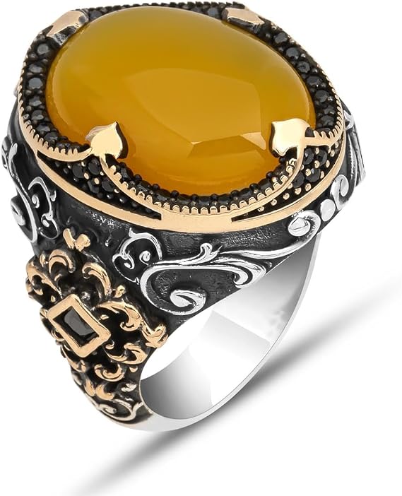 Agate Aqeeq Men Ring, Men Silver Ring 925, Yellow Aqeeq Ring Men, Turkish Ring Man, Ring With Stone, Gemstone Ring For Men