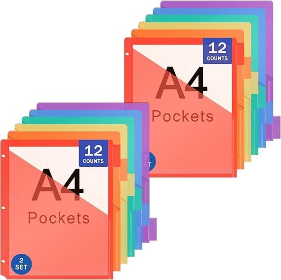 Binder Dividers with Pockets 12 Count 2 Pack Pocket Dividers for 3 Ring Binders 6 Tab Plastic Dividers with Big Insertable Tabs Multicolor Works with Sheet Protectors