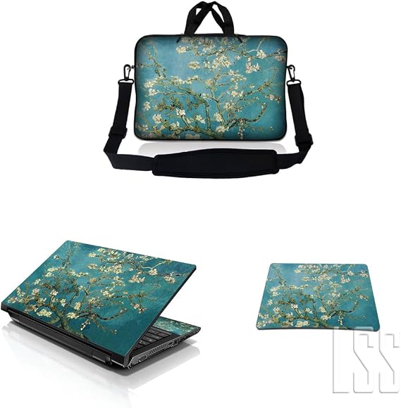 LSS 15 15.6 inches Laptop Messenger Crossbody Bag with Matching Laptop Skin Sticker & Mouse Pad Combo | Carrying Case for 14" 15" 15.6" or Smaller Size Notebook - Almond Trees