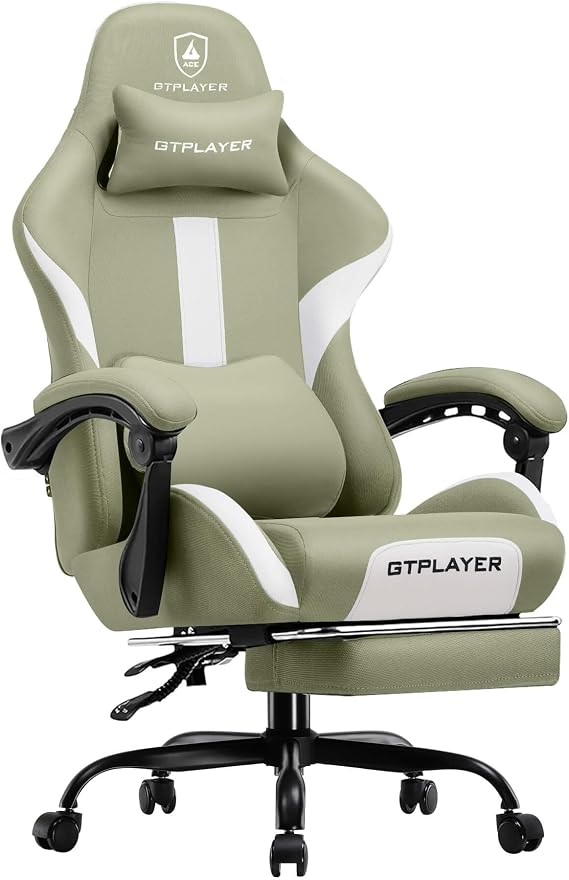 GTPLAYER Gaming Chair with Foot Rest & Pocket Spring Cushion, Breathable Fabric for Home Office Desk, Ergonomic High Back Computer Chair with Headrest & Lumbar Support, Green