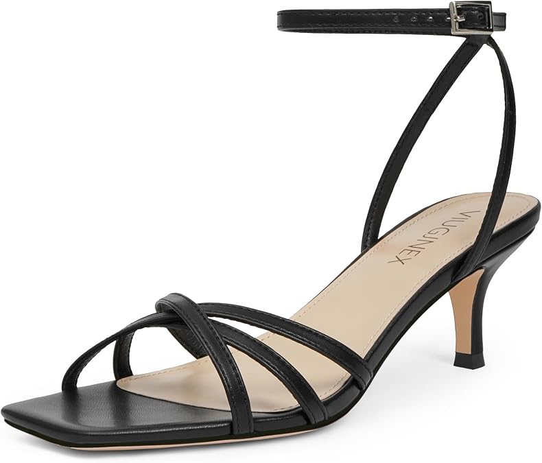 VIUGJNEX Women's Heeled Sandals Square Open Toe Kitten Heels Ankle Strap Dressy Sandals for Women Summer Heels