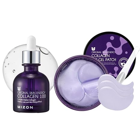 MIZON Collagen Skin Care Set - Marine Collagen Eye Pads (60 Pieces) + Collagen 100 Serum 30 ml Korean Skincare Against Wrinkles Dark Circles & for Firm Skin