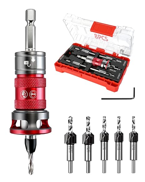 8PCS Upgrade Countersink Drill Bits Set, Quick-Adjust Two Flute TCT Alloy Tapered Counterbore with Adjustable Depth Stop Collar, Wood Countersink Drill Bit with Wrench for Woodworking Plywood MDF DIY