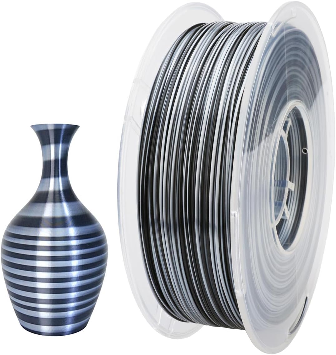 CC3D 2 Color Ribbon PLA Filament 1.75mm Dynamic Candy Color Silk PLA 3D Printer Filament 1kg Gradation Change Multicolor Shiny Filament for 3D Printing Material Candy Black Silver
